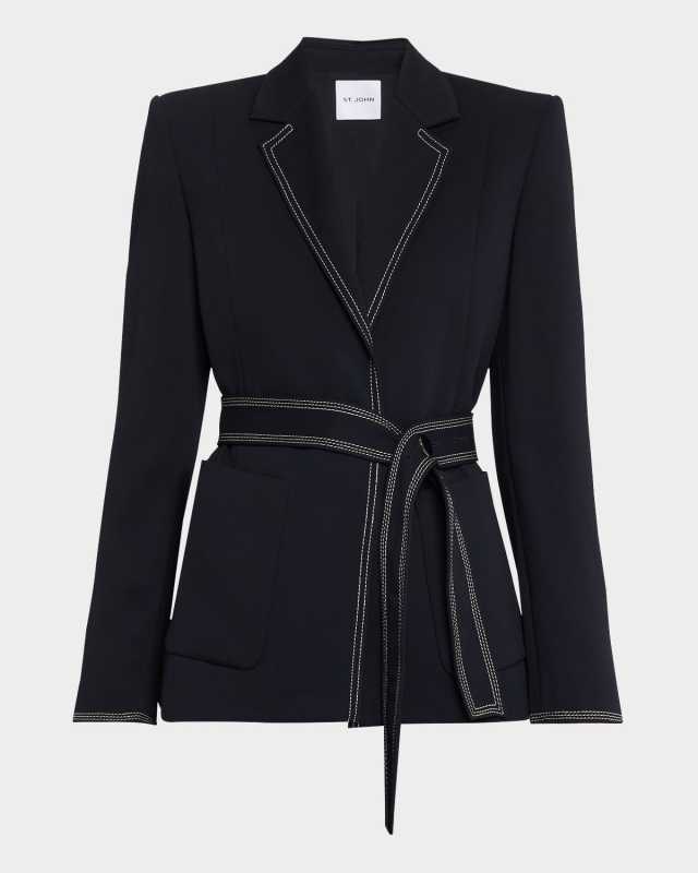 Light Weight Stretch Sable Wrap Jacket W Contrast Topstitch Detail Belt Lined